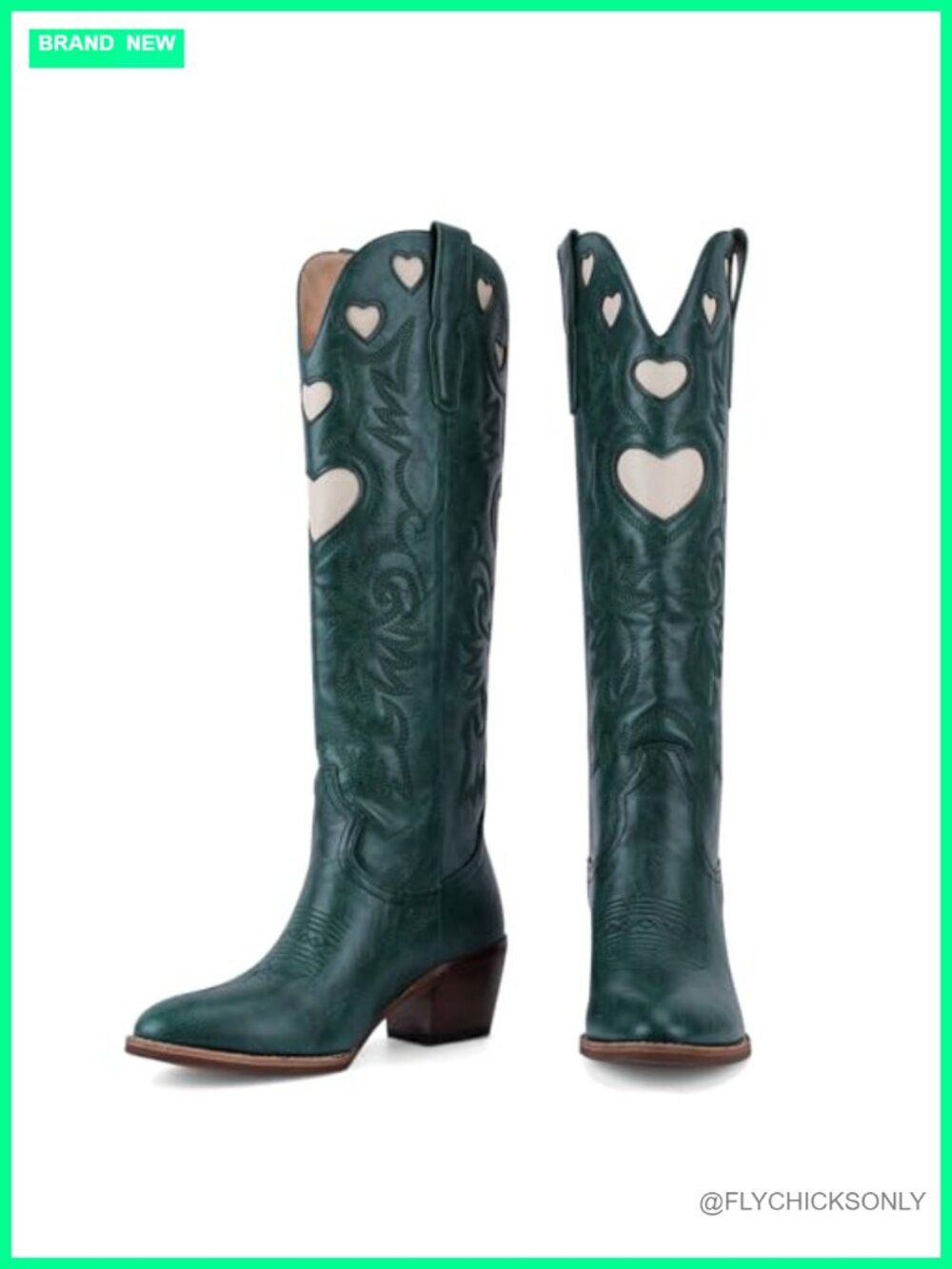 POYOIOR Knee High Western Boots Embroidered Round Toe Pull On Stacked Heel